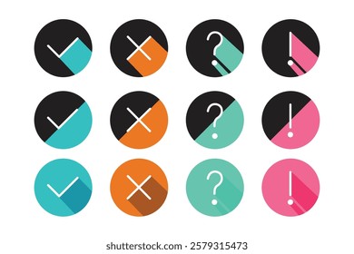 Checklist icon illustrate with signs, right, wrong, question mark and exclamation mark. Flat vector illustration.