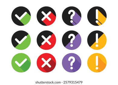 Checklist icon illustrate with signs, right, wrong, question mark and exclamation mark. Flat vector illustration.