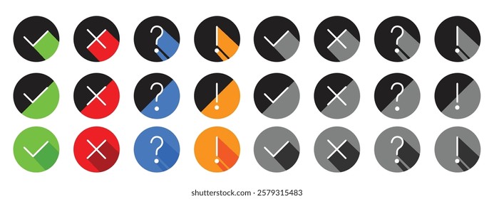 Checklist icon illustrate with signs, right, wrong, question mark and exclamation mark. Flat vector illustration.