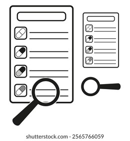 Checklist icon. Magnifying glass graphic. Document analysis tool. Vector inspection element.
