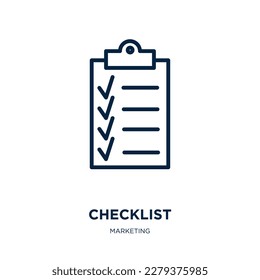 icono de lista de comprobación de la colección de marketing. Lista de comprobación lineal delgada, negocio, marca el icono de contorno aislado en fondo blanco. Signo de lista de comprobación de vector de línea, símbolo para web y móvil