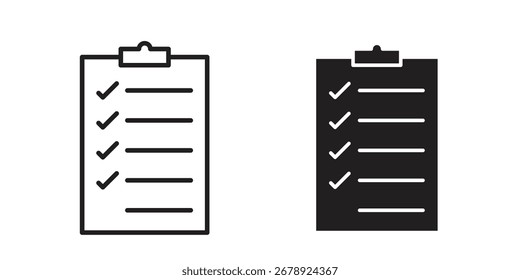 Icono de la lista de verificación en el fondo blanco. icono establecido en el contorno negro y el relleno