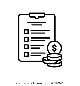 Checklist icon for payment with dollar coins and clipboard
