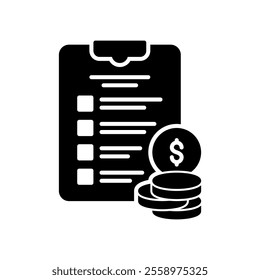 Checklist icon for payment with dollar coins and clipboard
