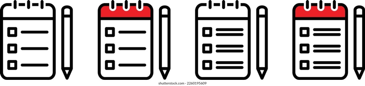 Icono de lista de verificación con lápiz. Icono de juego de equipos portátiles, ilustración vectorial