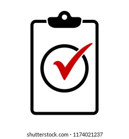 Checklist icon with red check mark in a circle, vector illustration.