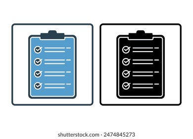 Icono de lista de comprobación. Icono relacionado con el Plan de acción. Adecuado para Sitio web, App, interfaces de usuario, imprimible, etc. Estilo de icono sólido. Diseño de Vector simple editable