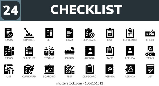 checklist icon set. 24 filled checklist icons.  Collection Of - Tasks, Control, List, Exam, Clipboard, Check, Checklist, Testing, Cargo, Agenda, Task, Boarding, Test
