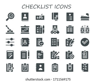 checklist icon set. 30 filled checklist icons.  Simple modern icons such as: Check mark, Agenda, Check, Wishlist, Cargo, Control, Boarding, Tasks, Checklist, Testing, Shopping list