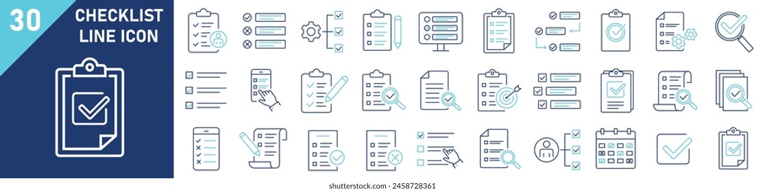 Checklist icon set. Set of 30 outline icons related to checklist. Linear icon collection. Checklist outline icons collection. Editable stroke. Vector illustration.