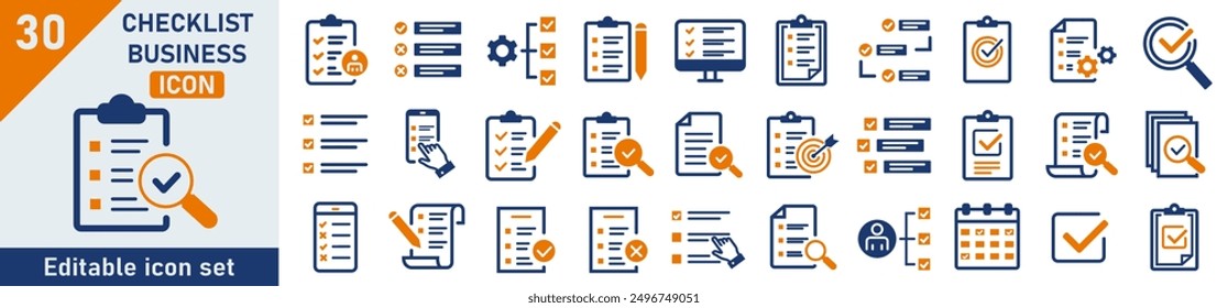 Checklisten-Symbolsatz. Set von 30 Gliederungssymbolen, die sich auf die Checkliste beziehen. Lineare Symbolsammlung. Sammlung von Prüflisten-Gliederungssymbolen Bearbeitbarer Strich. Vektorgrafik.