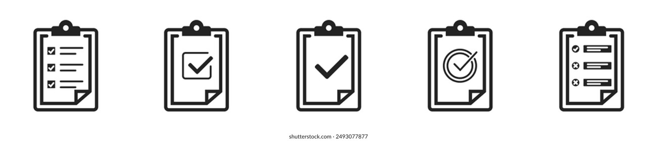 Checklist icon set. Set of 5 outline icons related to checklist, job reports, data. Linear icon collection. Checklist outline icons collection. Editable stroke. Vector illustration.