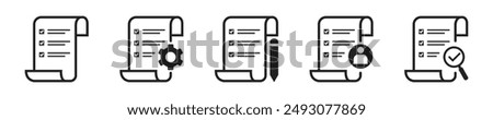 Checklist icon set. Set of 5 outline icons related to checklist, job reports, data. Linear icon collection. Checklist outline icons collection. Editable stroke. Vector illustration.