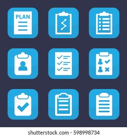 checklist icon. Set of 9 filled checklist icons such as clipboard, plan, checklist, check list, clipboard with tick