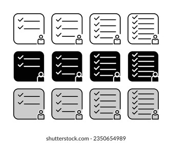 Checkliste Symbol Set, genehmigte Kandidat Symbol Sammlung. weißer Hintergrund, einfaches Design. Vektor für Flyer, Apps und Web.