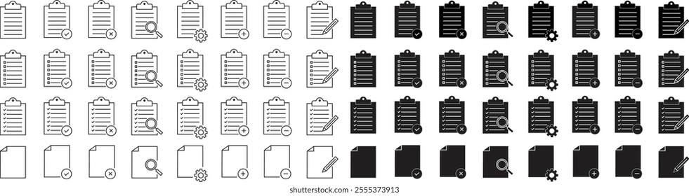 Checklist icon set with check mark document gear pencil tables analytics questionnaire notes and notebooks on a clipboard symbol flat and line vector collection isolated on transparent background.