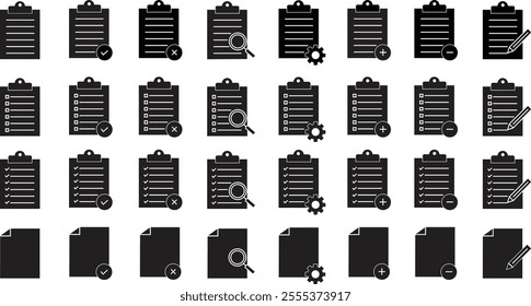 Checklist icon set with check mark document gear pencil tables analytics questionnaire notes and notebooks on a clipboard symbol flat vector collection isolated on transparent background.