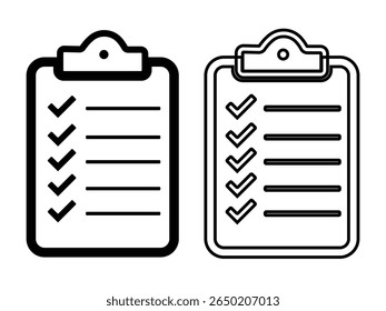 Conjunto de ícones da lista de verificação. Marca de seleção, documento, caixa de seleção no papel e muito mais. Conceito de área de transferência, lista de verificação, documento. Ícones da estrutura de tópicos da área de transferência. Ilustração vetorial.