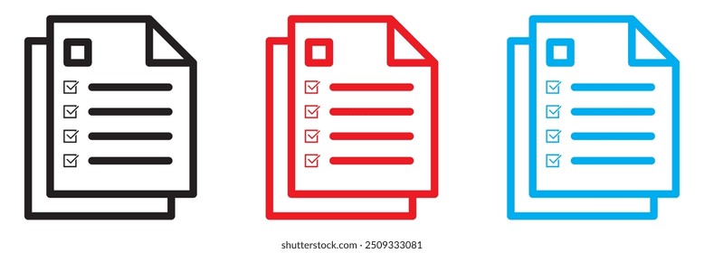 Conjunto de ícones da lista de verificação. Lista de verificação da área de transferência ou documento. Marca de seleção, documento, caixa de seleção no papel e muito mais. Conceito de área de transferência. Conjunto de ícones do documento. Ilustração vetorial. EPS 10