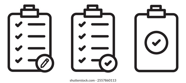 Checklist icon set. Clipboard checklist or document. Checkmark, document, checkbox on paper and more. Clipboard concept. Vector illustration