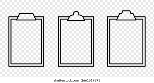 Conjunto de ícones da lista de verificação. Lista de verificação da área de transferência ou documento. Marca de seleção, documento, caixa de seleção no papel e muito mais. Conceito de área de transferência. Lista de verificação, pesquisa ou relatório ícone editável da estrutura de tópicos do traçado, ícone da área de transferência. EPS10
