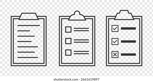 Conjunto de iconos de lista de comprobación. Lista de comprobación o documento de Portapapeles. Marca de verificación, documento, Casilla de verificación en papel y más. Concepto de Portapapeles. Lista de comprobación, Encuesta o informe editable icono de contorno de trazo, icono de Portapapeles. EPS10