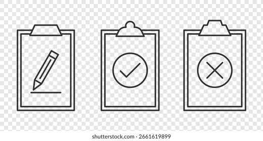 Conjunto de iconos de lista de comprobación. Lista de comprobación o documento de Portapapeles. Marca de verificación, documento, Casilla de verificación en papel y más. Concepto de Portapapeles. Lista de comprobación, Encuesta o informe editable icono de contorno de trazo, icono de Portapapeles. EPS10
