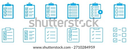 Checklist icon set. Clipboard checklist or document. Checkmark, document, checkbox on paper and more. Clipboard concept. Vector illustration