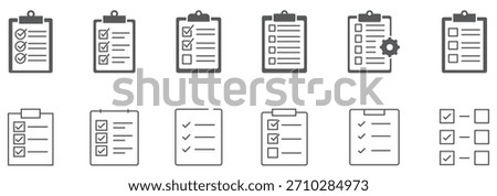 Checklist icon set. Clipboard checklist or document. Checkmark, document, checkbox on paper and more. Clipboard concept. Vector illustration