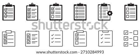 Checklist icon set. Clipboard checklist or document. Checkmark, document, checkbox on paper and more. Clipboard concept. Vector illustration