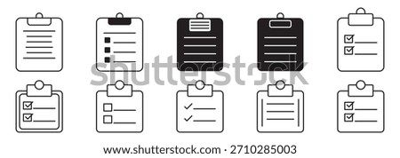 Checklist icon set. Clipboard checklist or document. Checkmark, document, checkbox on paper and more. Clipboard concept. Vector illustration