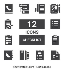 checklist icon set. Collection of 12 filled checklist icons included Exam, List, Agenda, Clipboard, Tasks