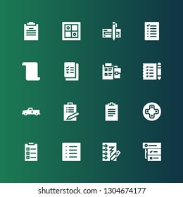 checklist icon set. Collection of 16 filled checklist icons included Tasks, Notepad, List, Controls, Clipboard, x, Shopping list, Check list, Check, Evaluation