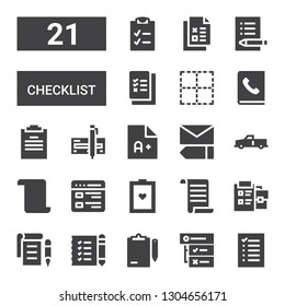 checklist icon set. Collection of 21 filled checklist icons included List, Tasks, Clipboard, Shopping list, Notepad, Test, x, Edit, Exam, Check, Agenda, No border, Check list
