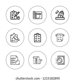 Checklist icon set. collection of 9 outline checklist icons with board, clipboard, list, plan, planning, ship, test icons. editable icons.