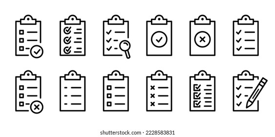 Checklist-Icon-Set. Kollektion von Vektorgrafik-Symbolen mit Zwischenablage. Zwischenablage mit Markierungskreuz und Text. Checkliste-Dokument. Enthält Symbole wie Kontakt, Liste, Petition und mehr. Formular-Symbol.