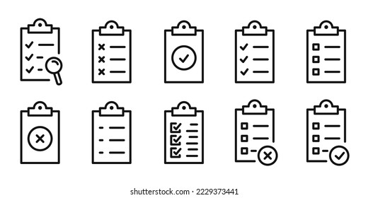 Checklist icon set. Collection of clipboard related vector line icons. Clipboard with checkmark cross and text. Checklist document. Contains such Icons as contact, list, petition and more. Form icon.