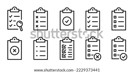 Checklist icon set. Collection of clipboard related vector line icons. Clipboard with checkmark cross and text. Checklist document. Contains such Icons as contact, list, petition and more. Form icon.