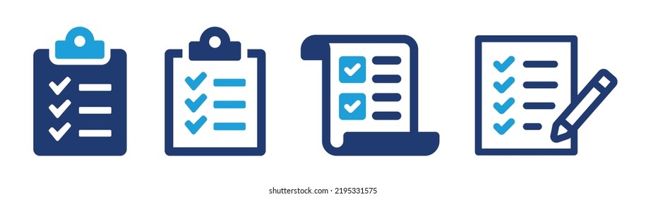 Checklist icon set. Containing clipboard with checkmark, document, checkbox on paper icon vector illustration.