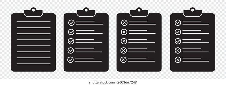 Checklist icon set. Containing clipboard with checkmark, document, checkbox on paper icon vector illustration.