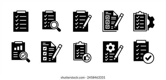 Conjunto de iconos de lista de comprobación. Conteniendo evaluación, revisión, calidad, Encuesta, análisis, documento, datos de gestión empresarial, inspección, estadística, inspección, declaración, informe, prueba. Ilustración vectorial