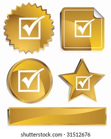 Checklist Icon Set : Gold satin metal buttons in star, starburst, circle and sticker, label shapes.