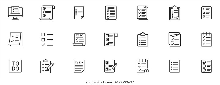 Icono de línea de conjunto de iconos de lista de comprobación. Contiene Portapapeles con marca de verificación, documento, Casilla de verificación en papel icono Ilustración vectorial icono colección.