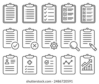 Checklist icon set. Notepad with completed to-do list. Set of vector linear signs. Project management with To do list. Checked and approved symbols. Editable stroke.