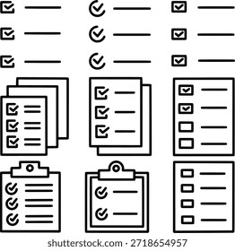 Ícone de lista de verificação definido no estilo de estrutura de tópicos. Ícone de lista de tarefas, lista de tarefas, marca de seleção, área de transferência e documento. Perfeito para design de interface do usuário, aplicativo, Web, produtividade, negócios e fluxo de trabalho. Ilustração vetorial.