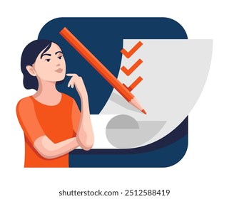 Checklist icon - thinking woman character showing to big completed check list - test, questionnaire, planning and big pencil - isolated vector creative illustration. Vector illustration