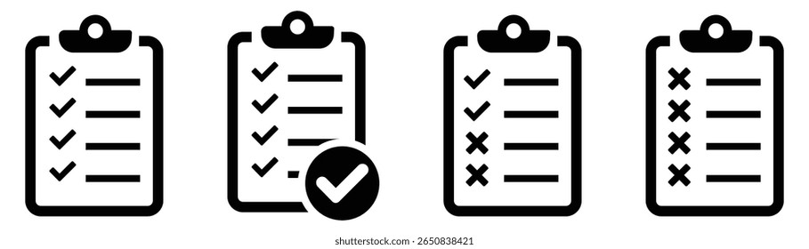 ícone da lista de verificação. Conjunto de ícones da lista de verificação de preto-e-branco do vetor. Conjunto de ícones da área de transferência. Lista de verificação no ícone da linha da área de transferência com marcas de verificação, lista de verificação. Símbolo de lista de verificação. Ilustração vetorial. 
