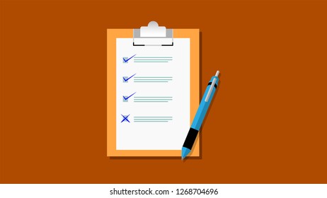 
Checklist icon vector illustration. Document with blue ticks checkmarks on clip note. Checklist with blue pen. Application form icon, complete survey, to-do list, survey form concepts. Vector 
