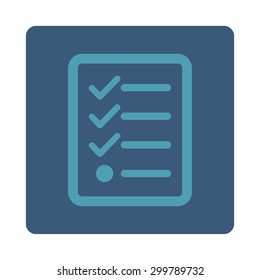 Icono de lista de comprobación. El estilo de Vector es de colores cian y azul, Botón cuadrado redondeado plano sobre un fondo blanco.