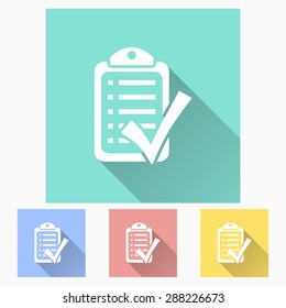 Checklist - icon is white with long shadow, flat design. Vector illustration.